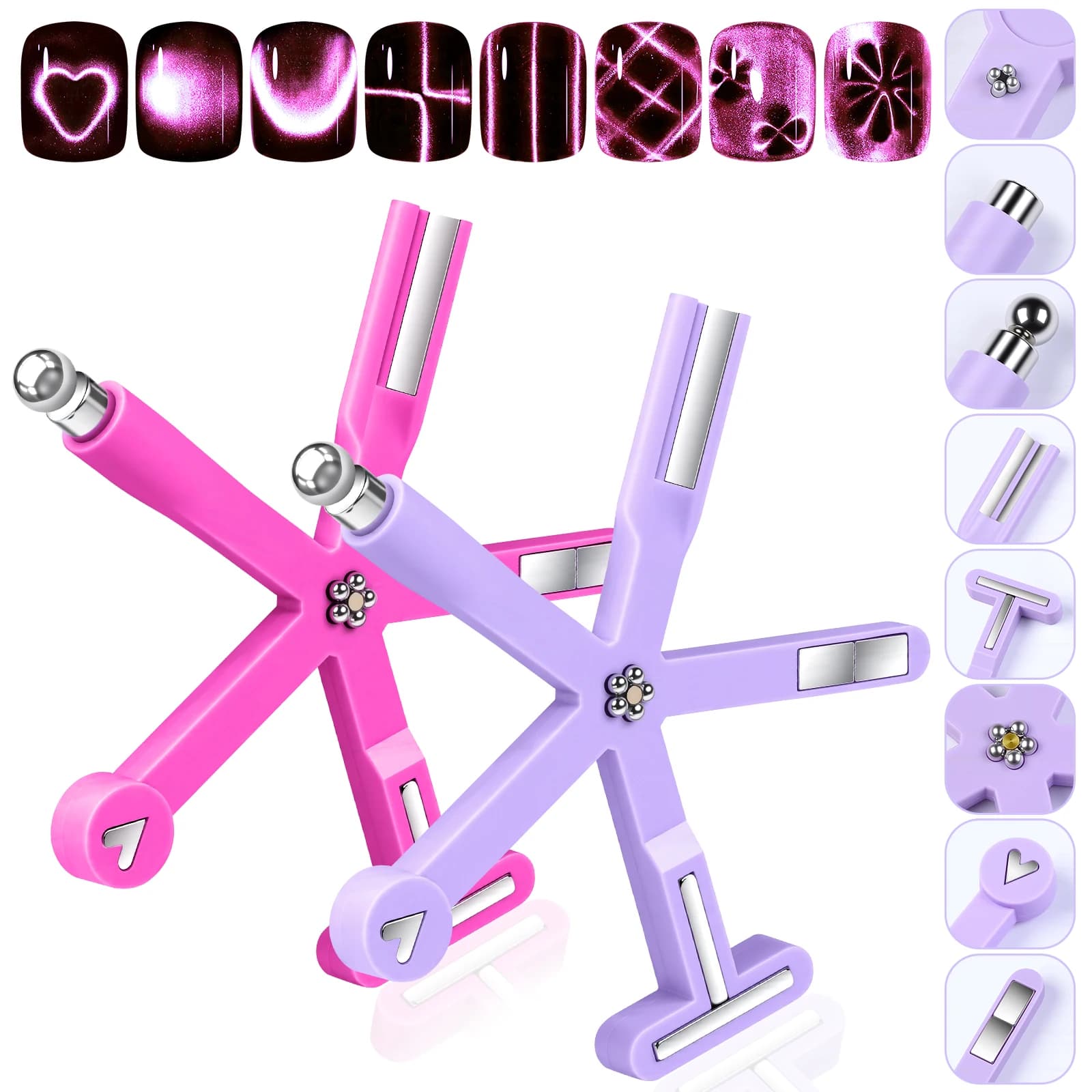 Magnet for Nail Art 8 in 1 with Fantasious Design, Multifunctional Magnetic Stick with Glass Beads for Nail Gel Effect Cat Eye, with Powerful Magnet