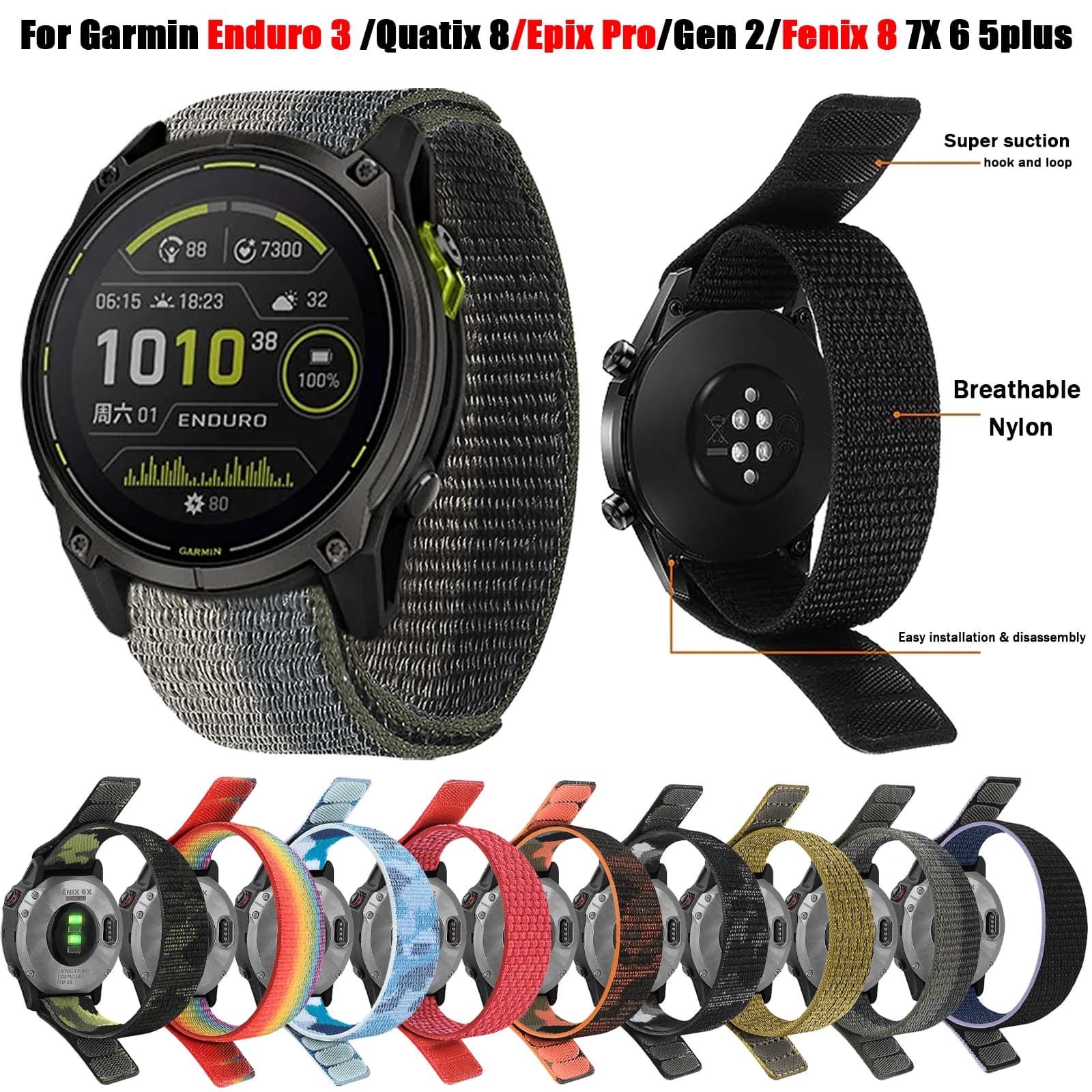 QuickFit 26mm 22mm cinturino in nylon con gancio per Garmin Fenix 8 E 7X 7 6 Enduro 3/Epix Pro Gen 2/Quatix 8 cinturino sportivo traspirante