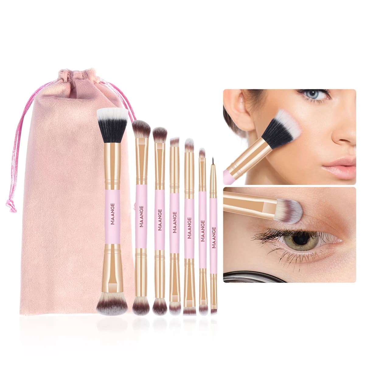 MAANGE 7 pz/set Pennello per Trucco con Borsa Doppia Testa Fondotinta Pennello per Correttore Ombretto Pennello per Eyeliner Strumenti per il Trucco Delicati sulla Pelle