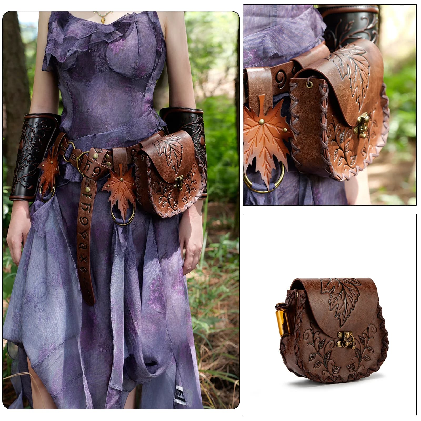 Medieval Style Leaf Embossed Leather Waist Bag Forest Series Vintage Hand-Woven Edged Hanging Waist Bag Small COS Pouch