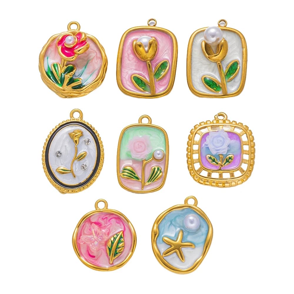 2 Pezzi Orecchini Serie Fiori Dipinti a Olio in Acciaio Inossidabile con Perle Imitazione e Ciondoli a Stella Marina per Creazione Gioielli Fai da Te (Collane, Bracciali)