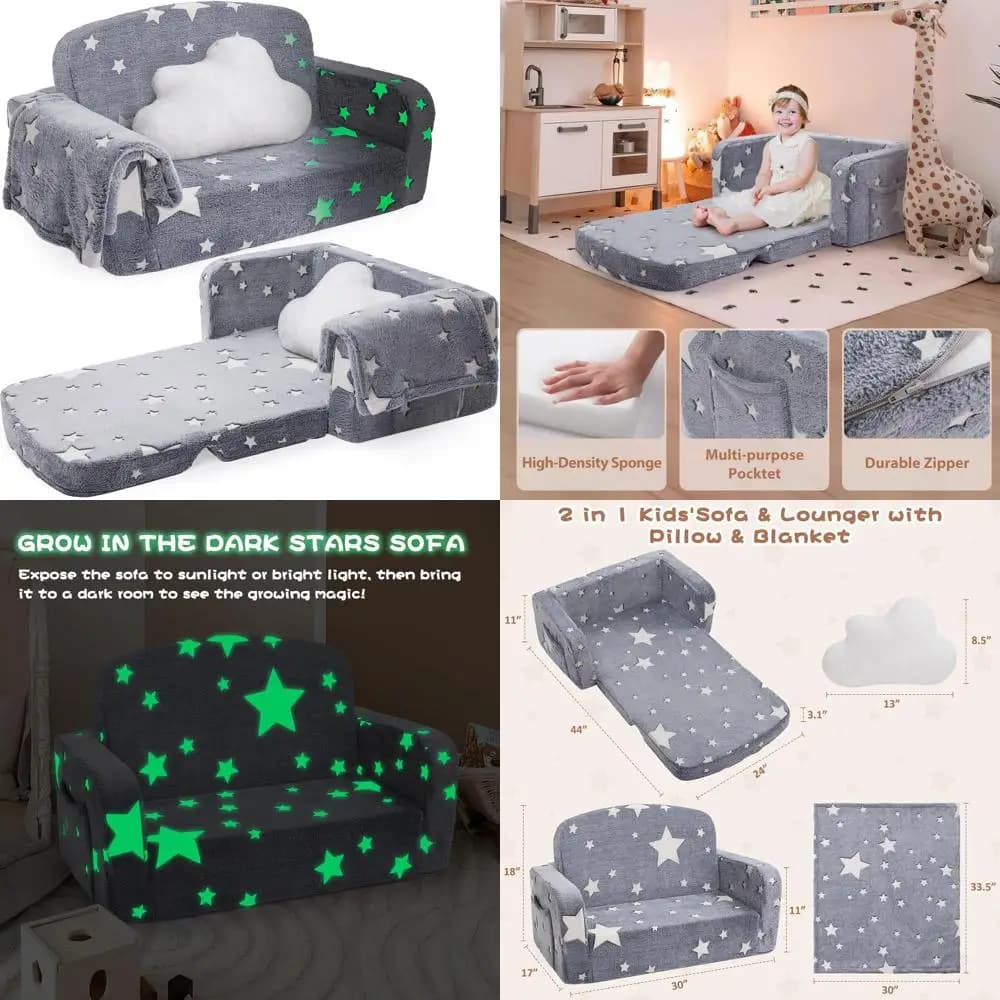 Extra wide children's sofa, soft sofa for children 2 in 1 with blanket, which lights in the dark, comfortable chair for children with cloud cushion, converts