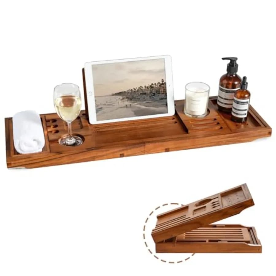 Vassoio da bagno in teak con larghezza regolabile, porta vino, supporto per tablet/telefono e libro, antispruzzo per il bagno - Naturale