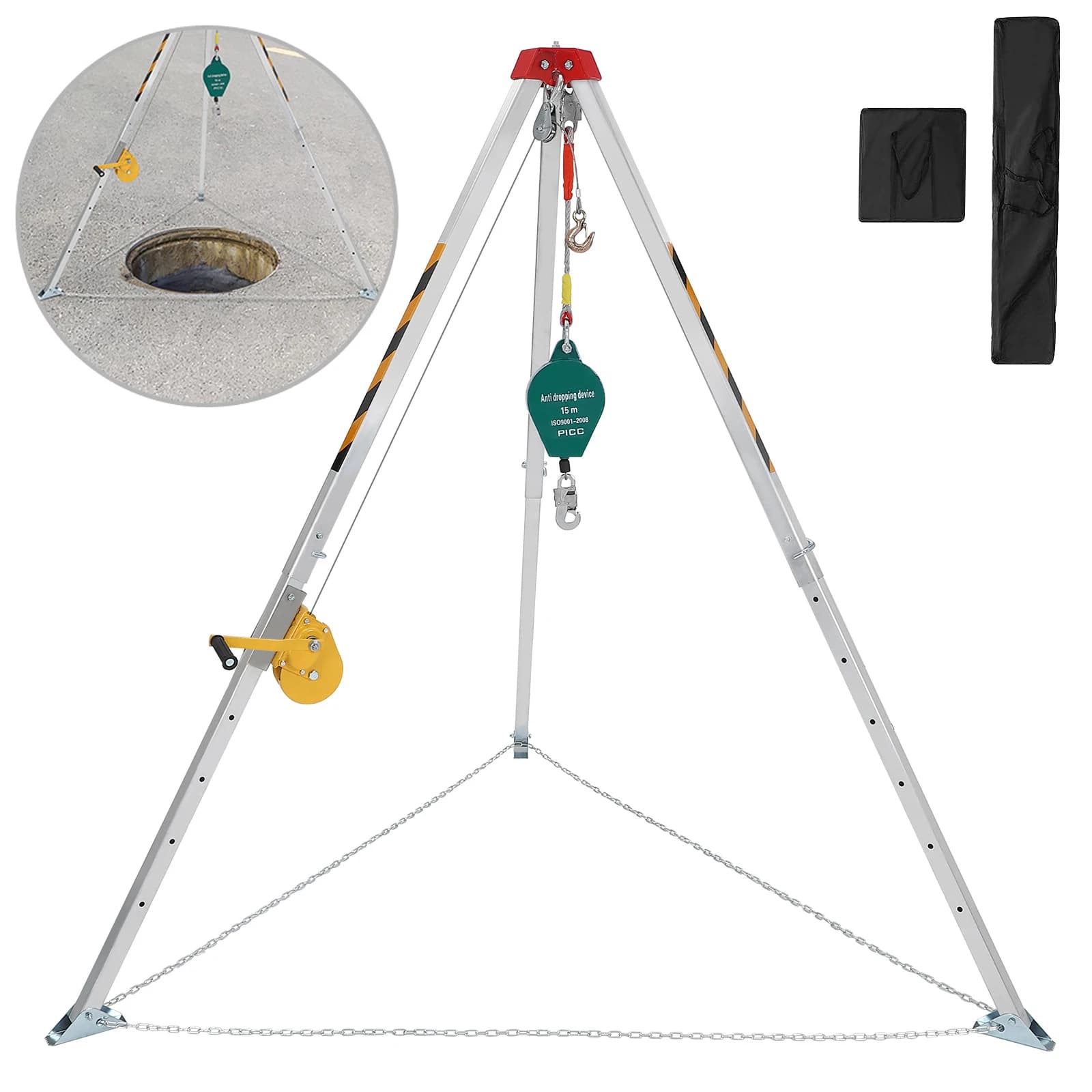Tripod kit for space confined with lifting winch from 1200 pounds and bumpers, tripod for sewer rescue pack with self-locking safety device