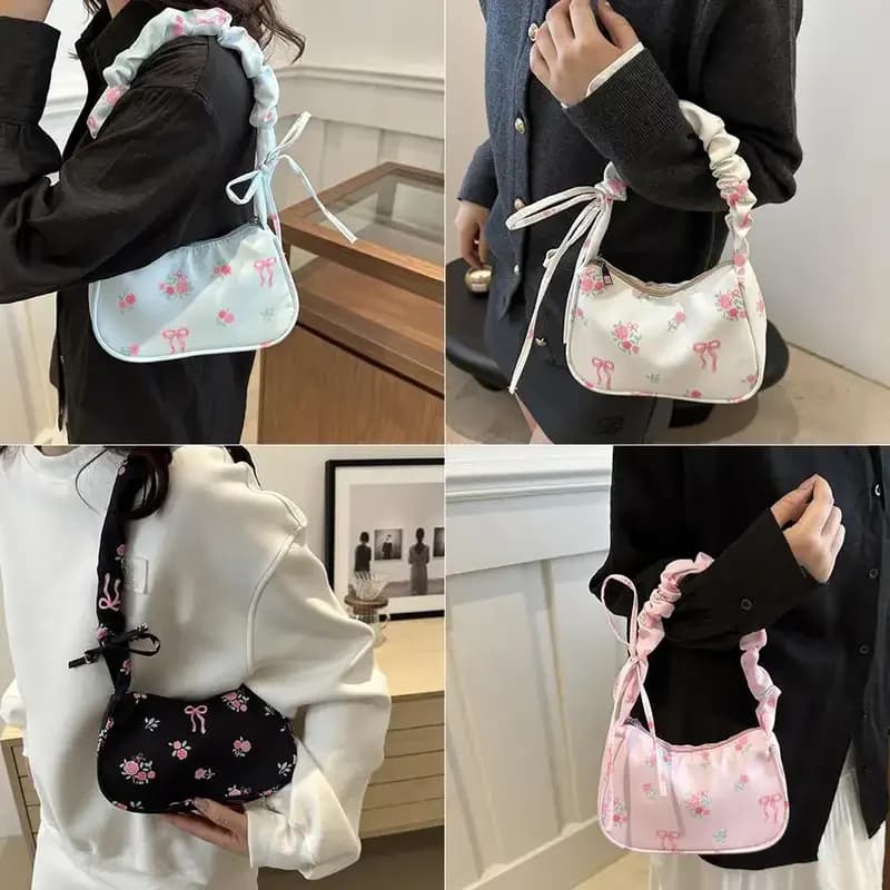 Borsa a tracolla da donna in stile coreano Y2K Borsa quotidiana in tela pieghettata con fiocco floreale dolce stampato con cerniera