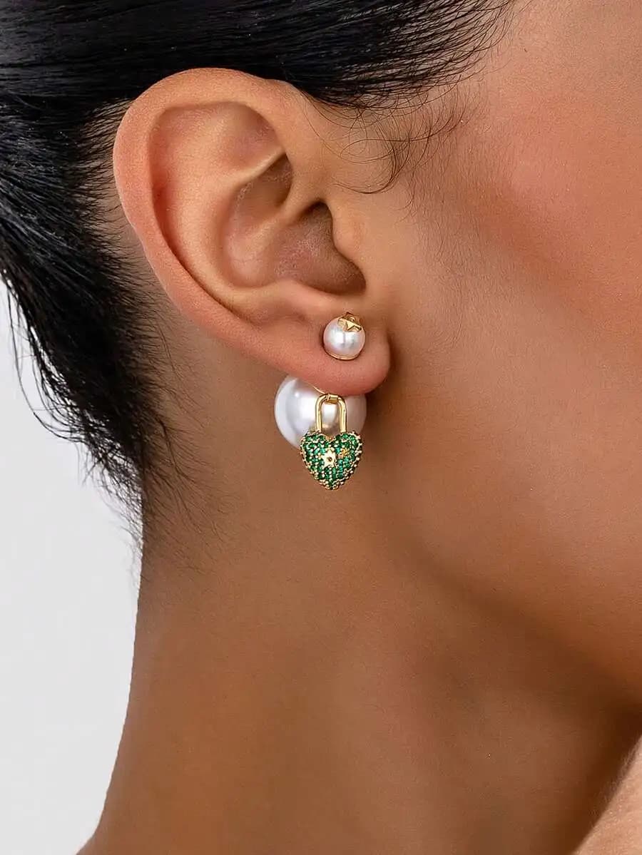 Asymmetric Heart And Star Drop Earrings With Faux Pearl And Green Zircon