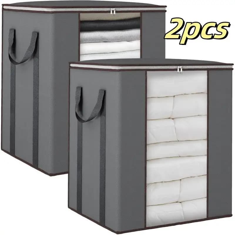 2Pcs 120L Extra Large Blanket Storage Bags Foldable Breathable Clothes Organizer Bins with Reinforced Handles Space Saving Wardrobe Closet Containers for King Comforter Bedding Pillows Sheets Grey