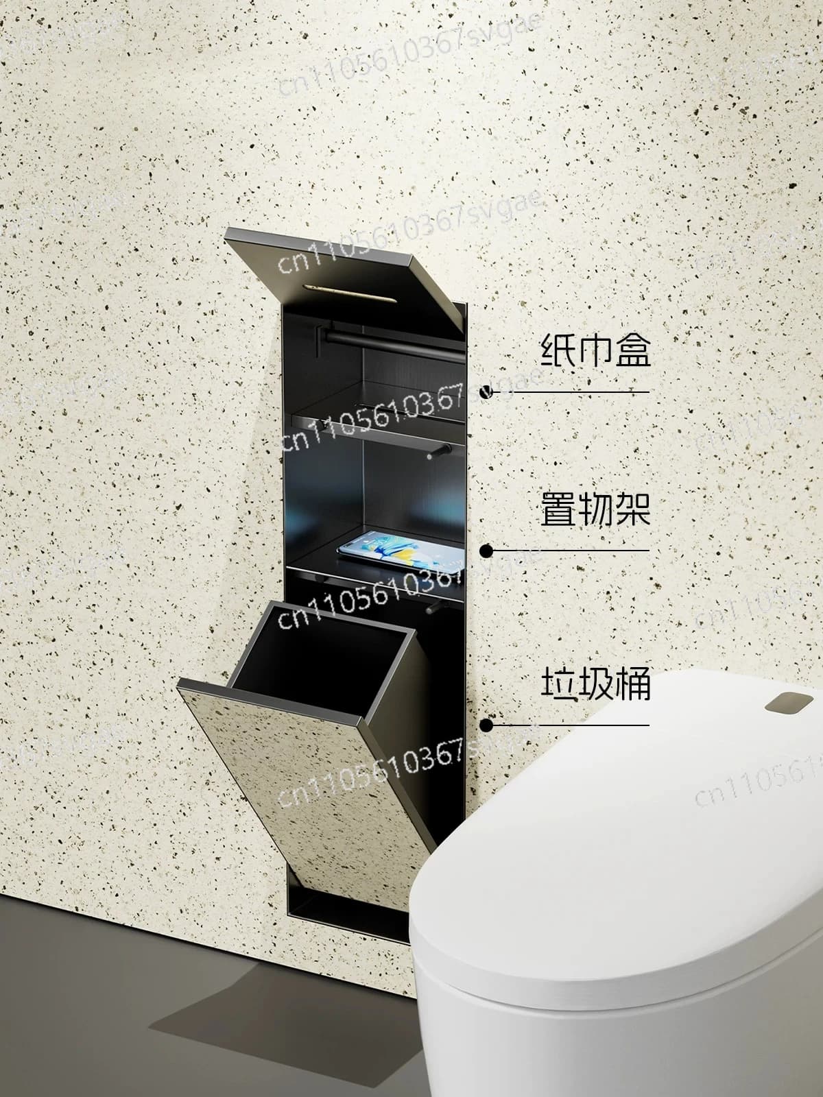 Cestino per rifiuti in acciaio inossidabile a scomparsa, nicchia integrata, porta fazzoletti nel bagno, accanto al WC