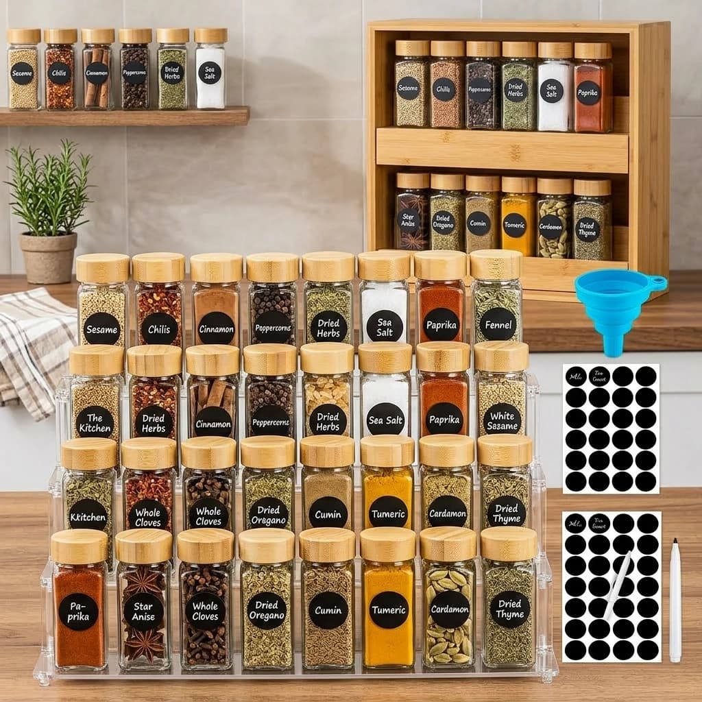 12/24 set 4oz square bamboo and wood lid seasoning bottle, kitchen spice glass storage bottle, carbon baking seasoning bottle