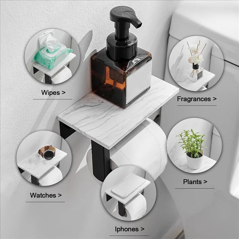 A03F-2X Porta carta igienica in marmo con ripiano Porta rotolo di carta igienica Supporto da parete per mobiletto da bagno decorativo, Nero