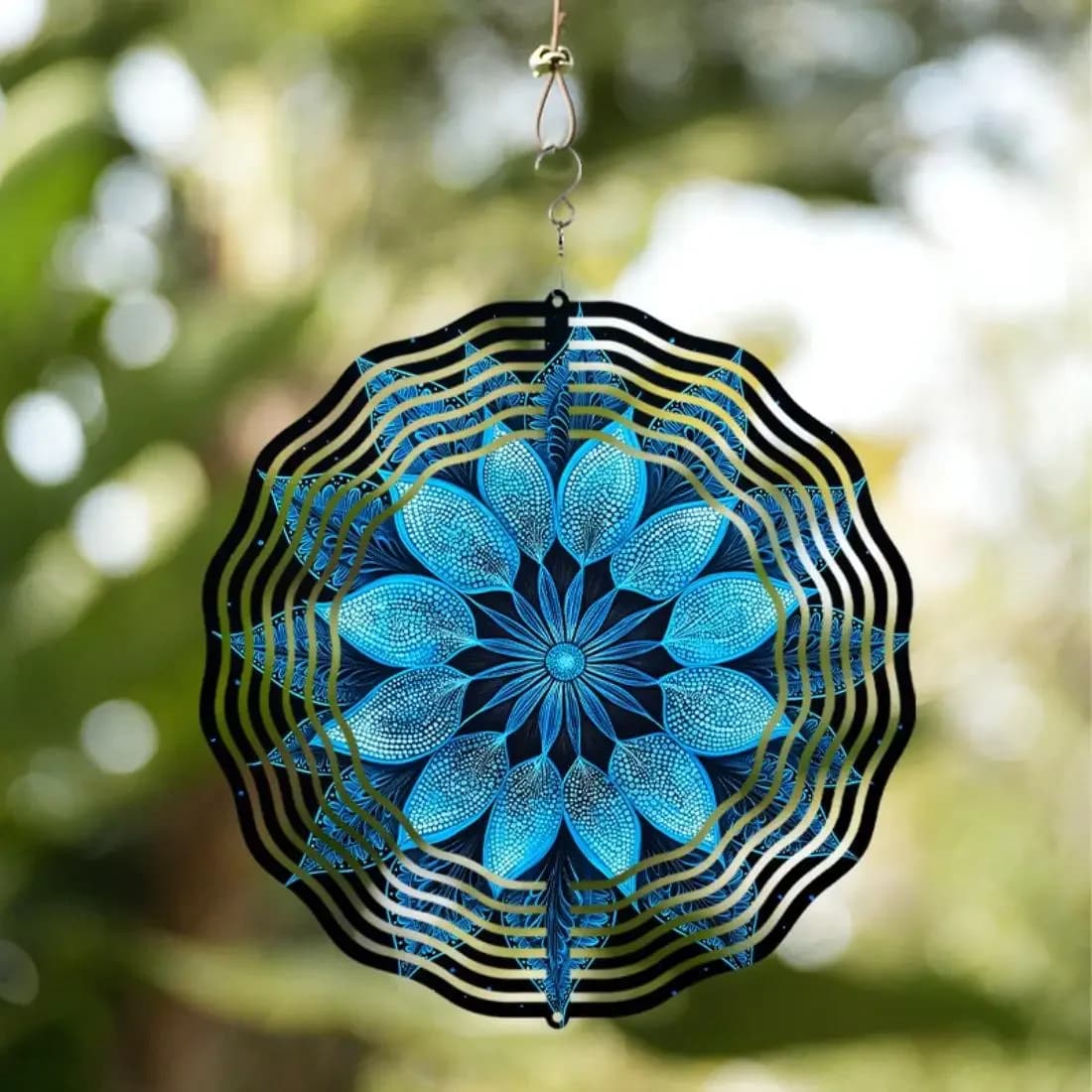 HELLOYOUNG Mandala Wind Chimes 25.4cm, Blue Gold Rustproof Wind Bell for Outdoor Garden Patio Decor