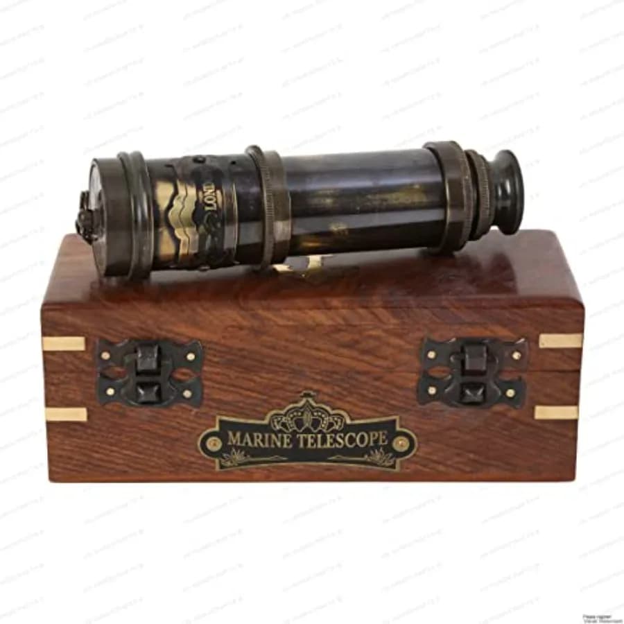 Telescopio Nautico Vintage in Ottone, Cannocchiale da Capitano Pirata con Scatola in Legno, Oggetto da Collezione Marittimo Antico, Divertente