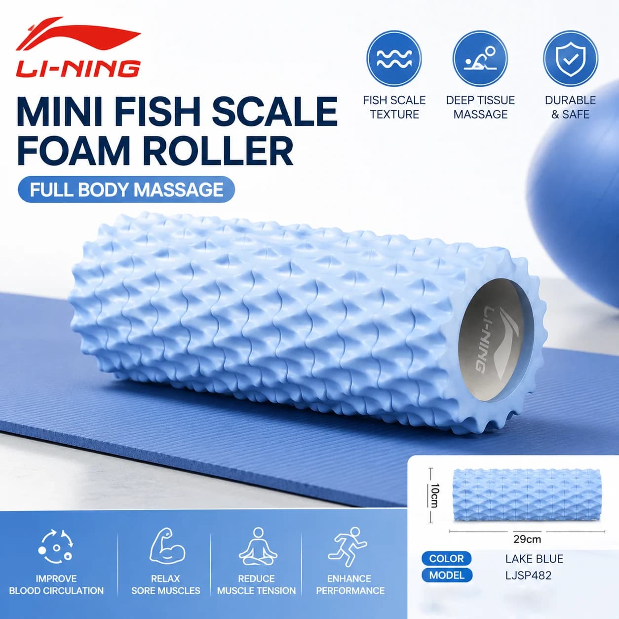 LI-NING Foam roller, yoga massage roller, suitable for exercise, yoga, Pilates and gym use.