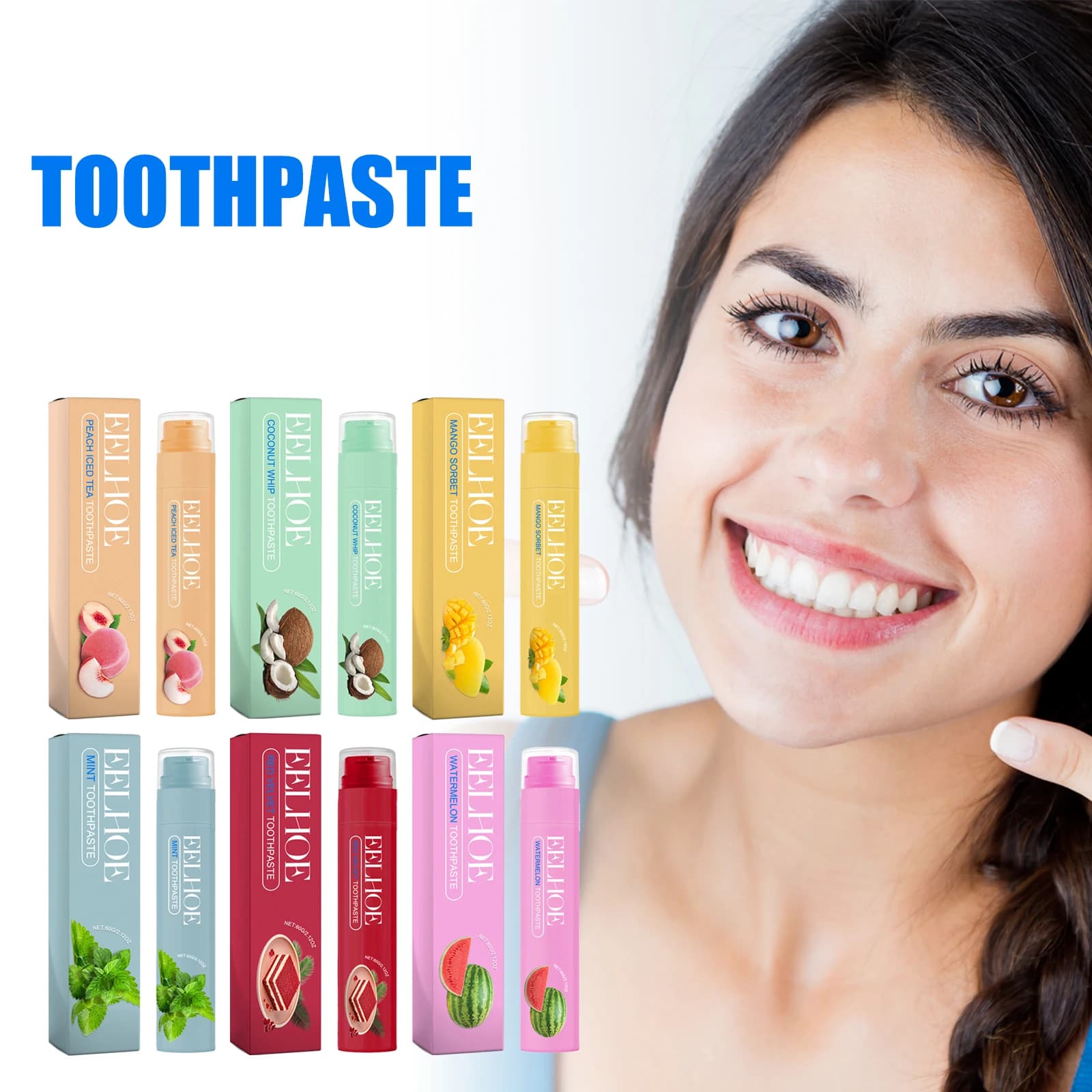 White toothpaste Various tastes Remove stains Clean your teeth Refresh your breath Protect your tooth rash Formula Clean your mouth fresh