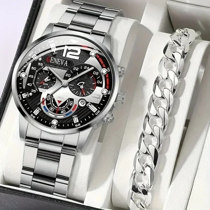 Set di 2 Orologi al Quarzo con Quadrante Rotondo per Uomo, Display Data Accurato, Cinturino in Acciaio Inossidabile, Cassa in Lega di Zinco, Design Casual ed Elegante
