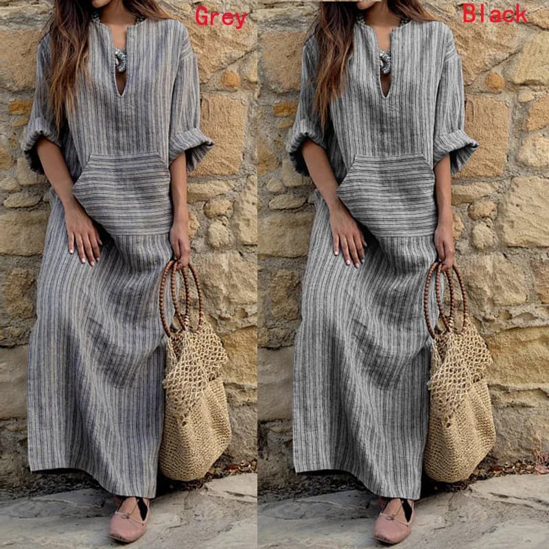 Spring Summer Fashion plus Size Women's Cotton Linen Pocket Woven Loose Long Dress Street Style A-Line V-Neck Midi Skirt