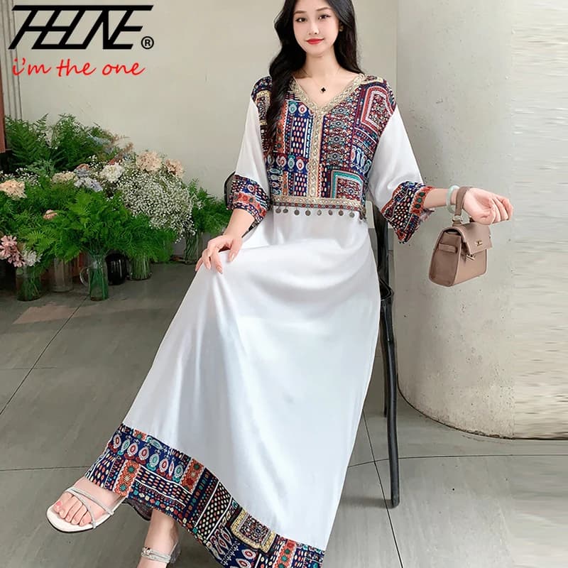 THHONE Summer Dresses for Women 2025 Coached Vintage With A V Neckline Bohemian Robe Vacation Beach Casual Korean Clothes Para Mujer