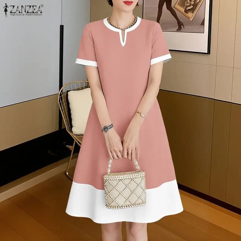 Donne alla moda Abiti patchwork ZANZEA 2026 Abito estivo Elegante scollo a V Party Work Vestito estivo Casual Manica corta Al ginocchio Veste