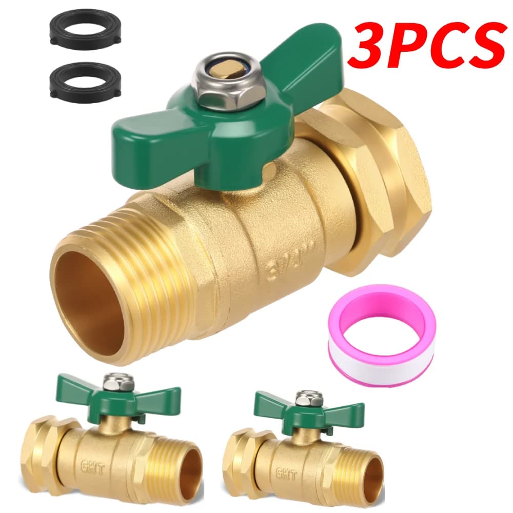 3 Piece Garden Pipe Interception Valve Ball Valve for 3/4 Inch High Flow Resistant Brass Water Pipe GHT With 2 Universal Washers For Faucet