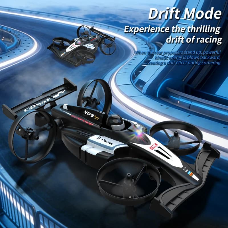 Auto da Corsa YP9 Radiocomandata 2.4G per Terra e Aria, Design 2-in-1, Rotazione a 360° ° Drone Quadricottero Telecomandato con Funzione di Rotazione per Bambini e Adulti