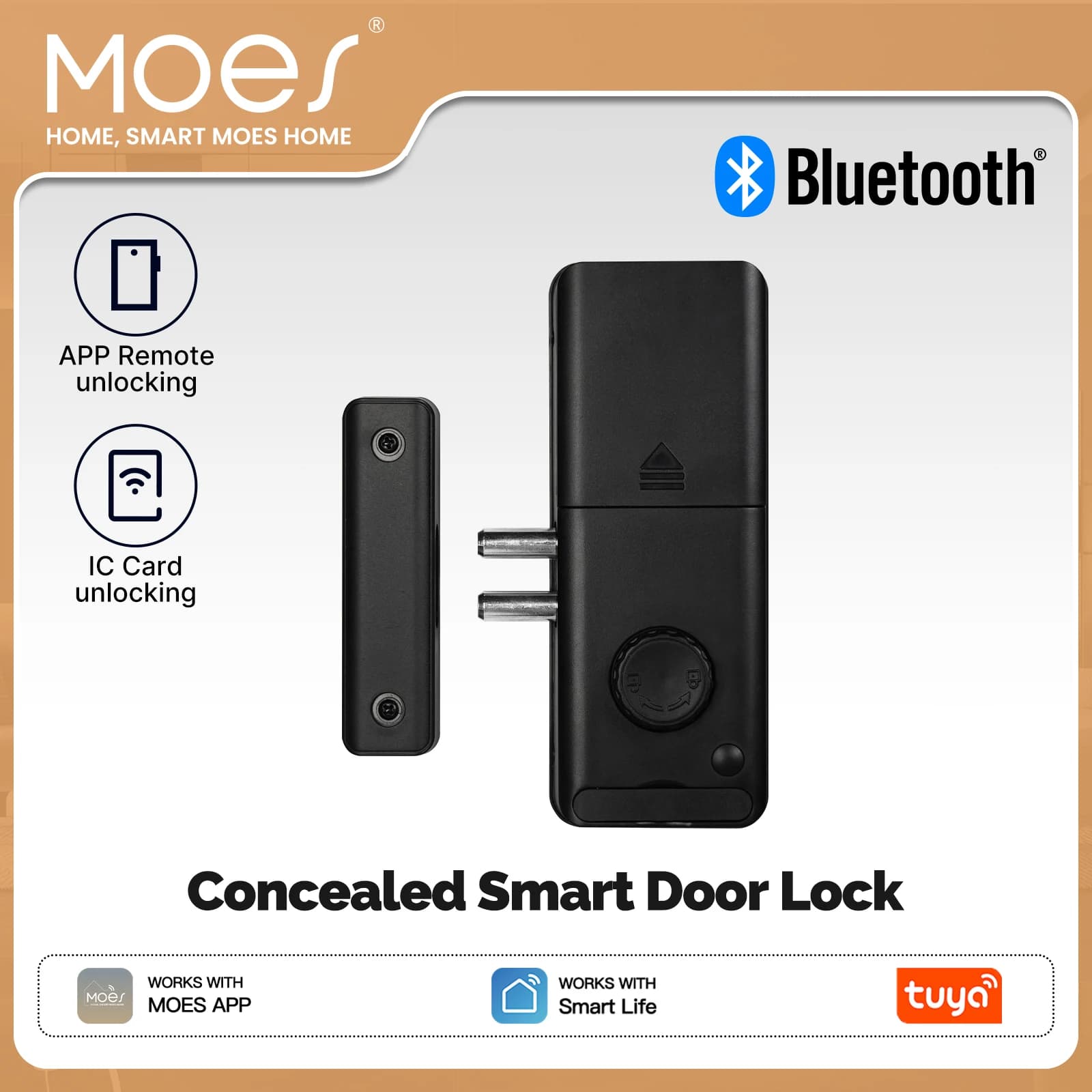 Serratura Intelligente Bluetooth MOES, Tipo Invisibile Nascosto, con Carta di Accesso IC, Sblocco Remoto tramite App Tuya, Elettronica per Porte in Legno e Vetro