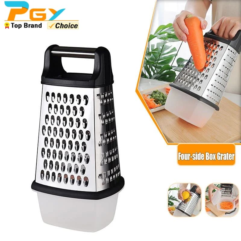 Stainless Steel Box Cheese Grater With Container 4 Sides Box Grater Handheld Kitchen Food Shredder for Vegetable Ginger Cutter