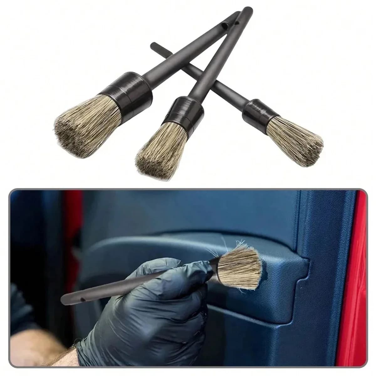 3 Pcs Natural Boar Hair Car Detailing Brush Set Soft Bristle Car Cleaning Brush Kits Atuo Tire wheel Wash Exterior Accessories