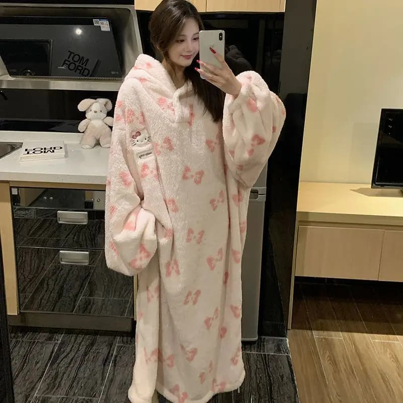 Oversized Hellokitty Bow Print Hooded Fleece Bathrobe Women Warm Plush Long Sleep Robe, Soft Flannel Cozy Winter Home Loungewear
