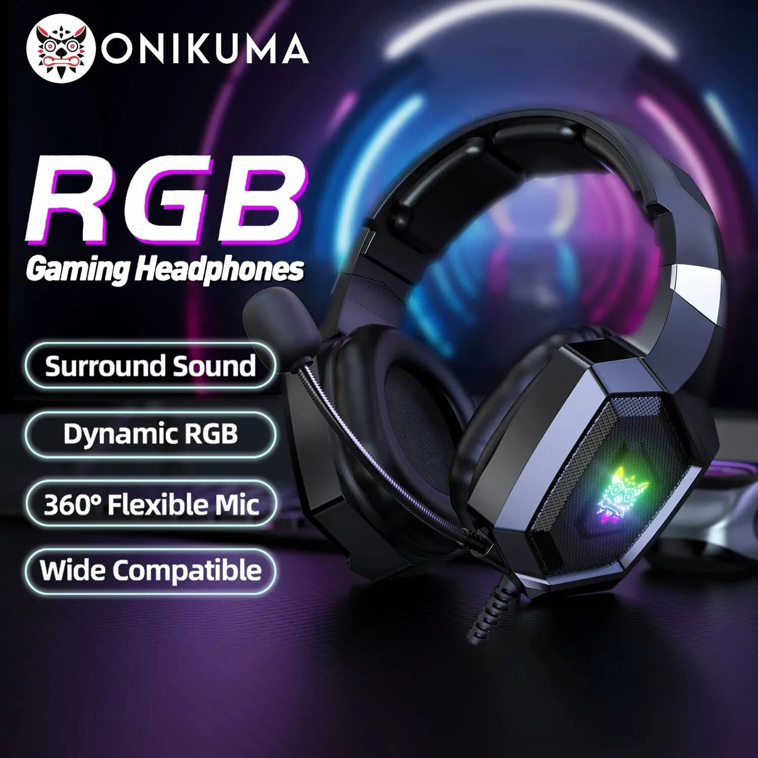 ONIKUMA gaming headphones with RGB Flexible HD microphone Light Surround Sound Over-Ear Gamer wired headphones for PC
