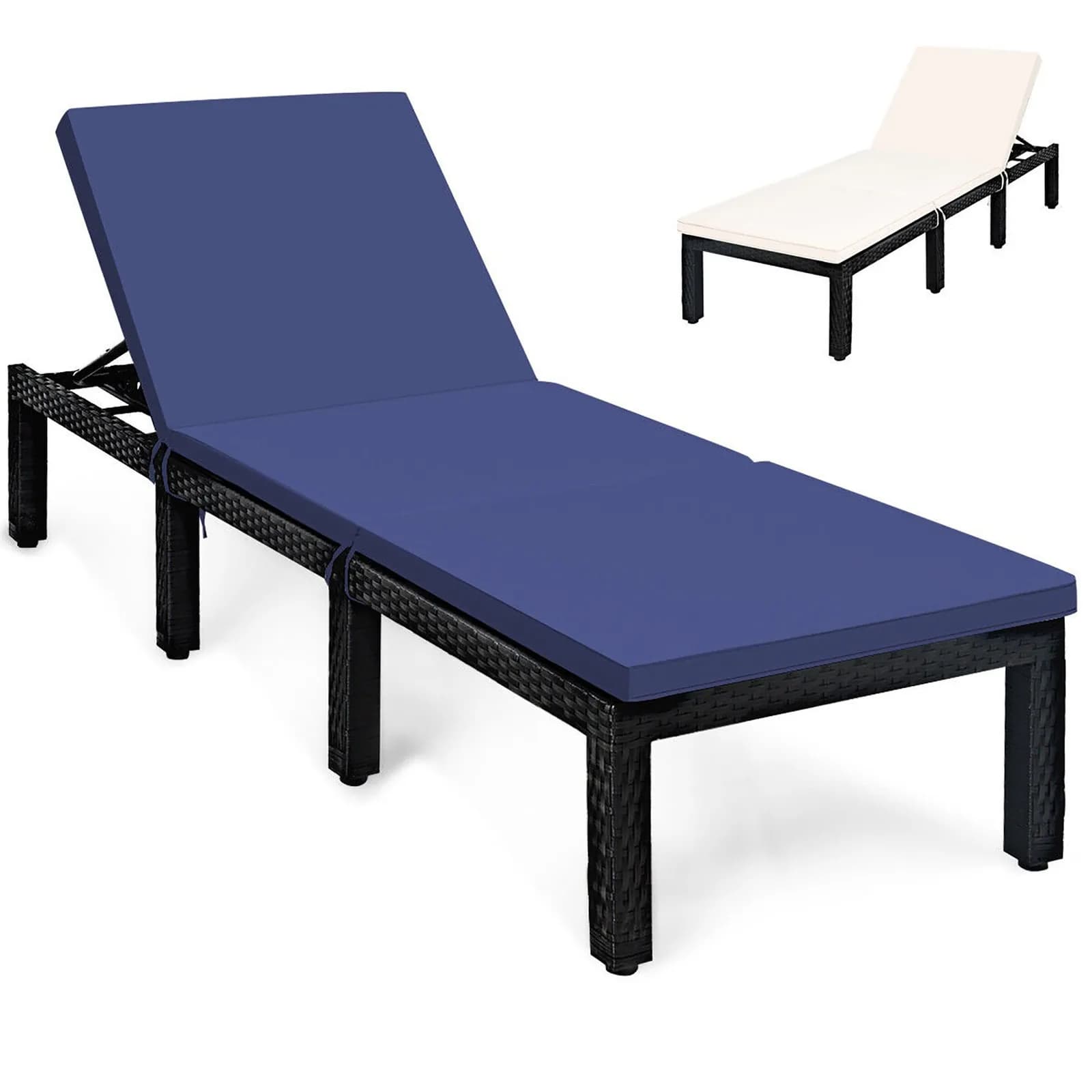 Rattan patio lounge chair with adjustable navy blue and dirty white cushions