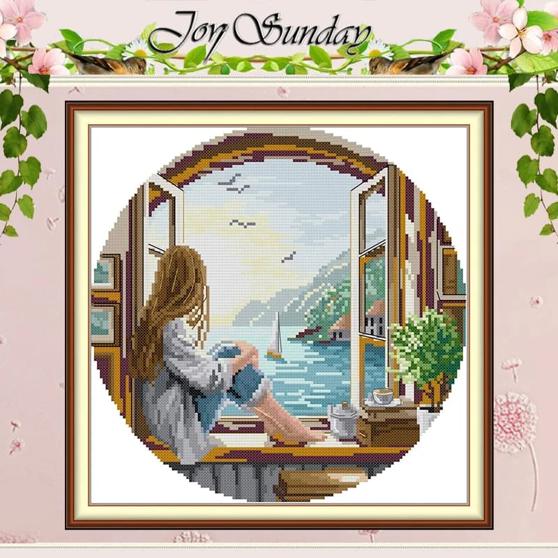 The Girl on the Windowsill Patterns Counted Cross Stitch Set DIY 11CT 14CT 16CT Stamped Cross-stitch Kit Embroidery Needlework