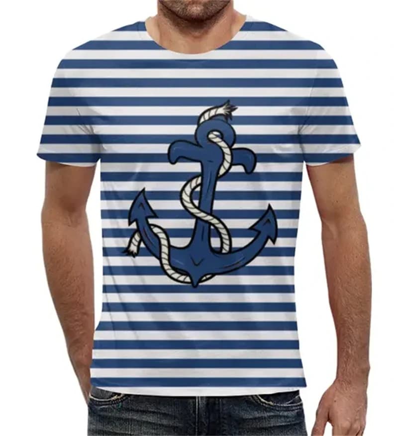 Nautical Stripe Anchor Rope Print T-Shirt Men Crew Neck Short Sleeve Blue White Marine Sailor Summer Seaside Casual Ocean Top