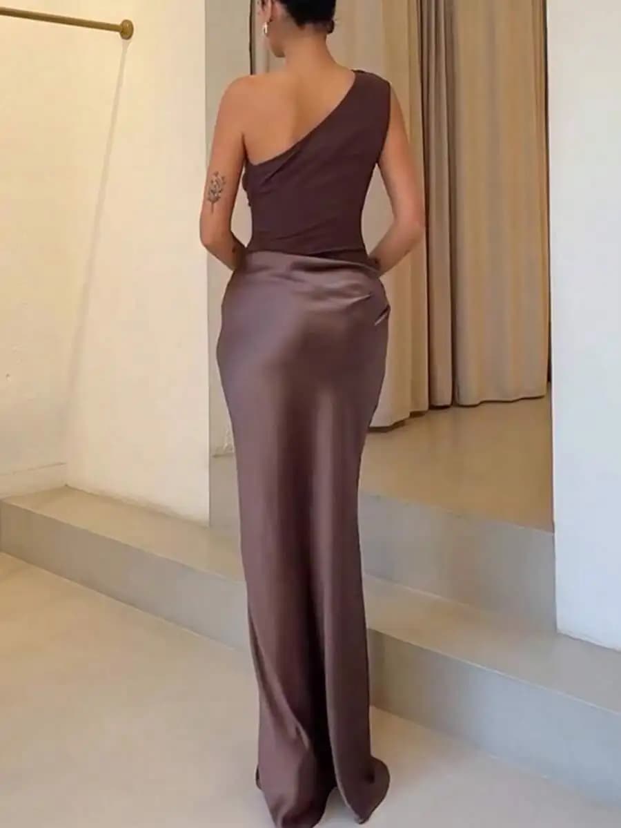 Elegant Solid One Shoulder Ruched Backless Satin Maxi Dress For Prom Party Cocktail Wedding Guest