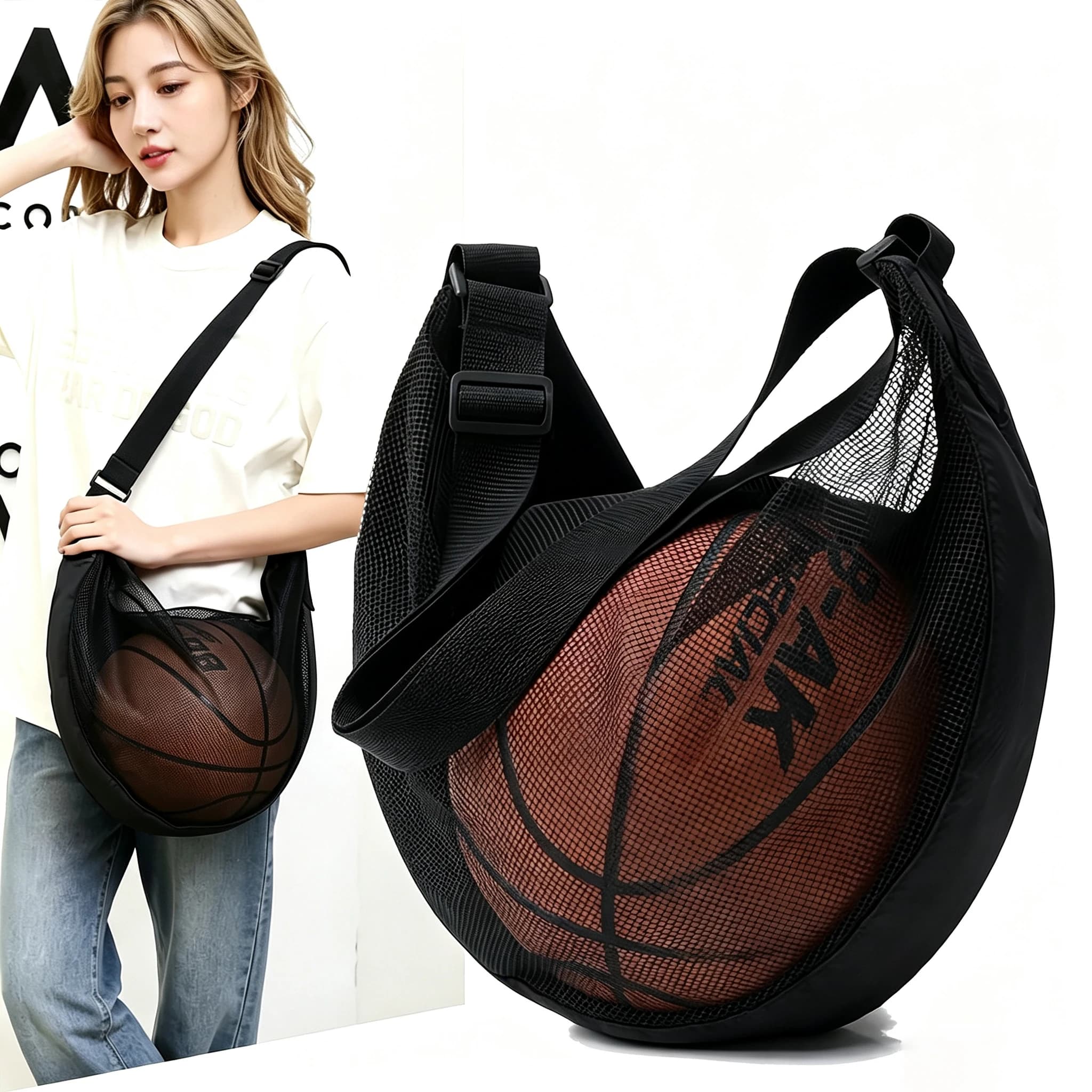 1/2pcs Mesh Single Ball Storage Bag Anti‑Tear Crossbody Sports Bag Zipper Pouch for Basketball Soccer Volleyball Size 7