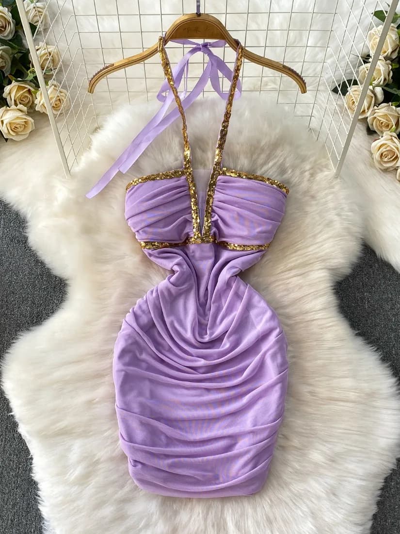 Foamlina Nuove Donne di Estate Paillettes Patchwork Mini Vestito Aderente Sexy Halter Neck Senza Maniche Backless Sottile Increspato Maglia Vestito Da Partito