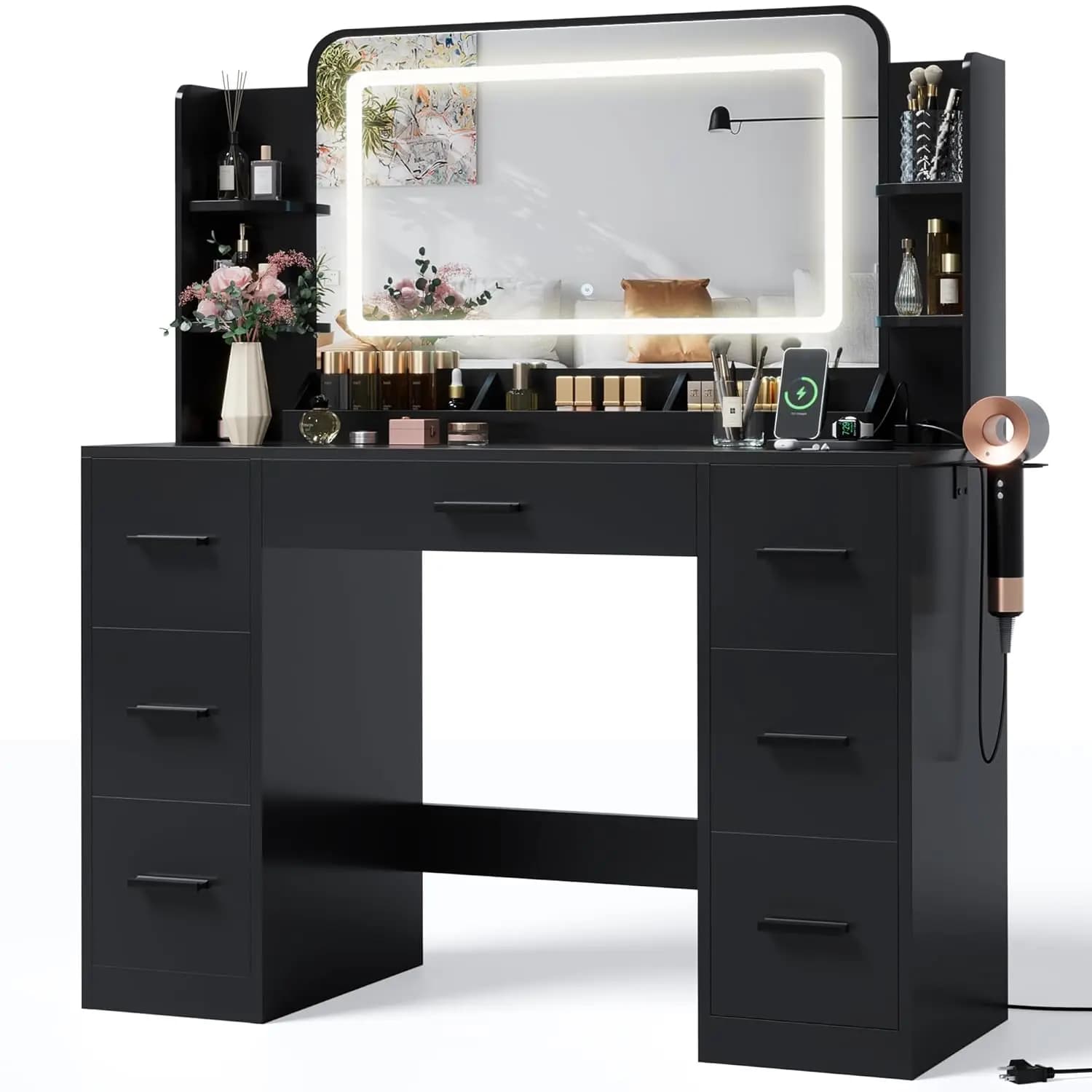 Grande Specchio con Luci LED, Porta Asciugacapelli e Presa Multipla, 6 Ripiani, 7 Cassetti, Tavolo da Toeletta per Camera da Letto, Nero Personalizzabile