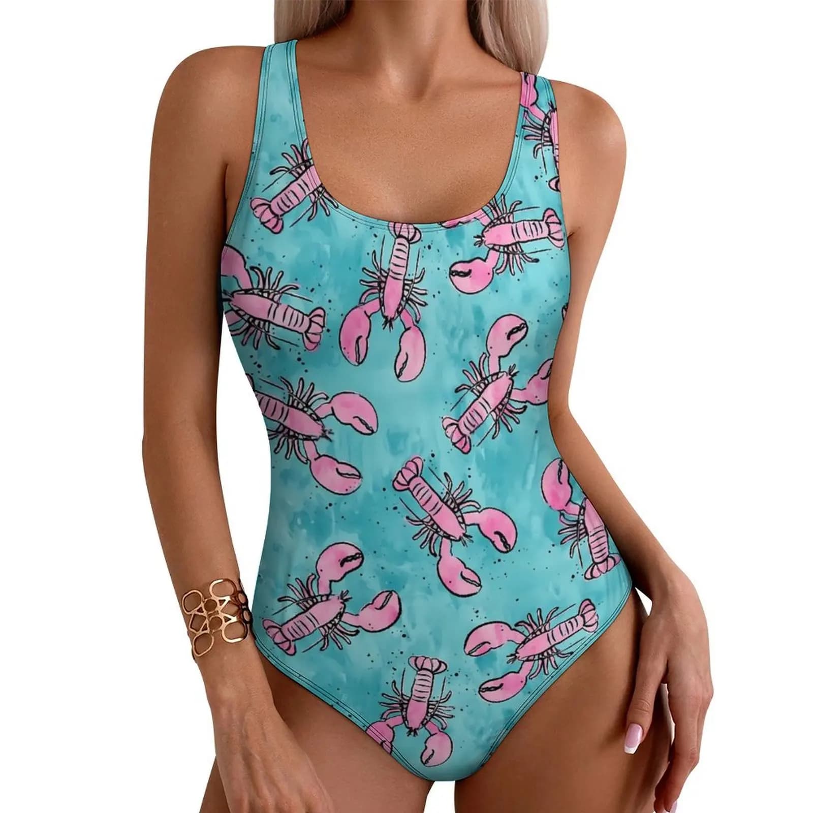 Costume da bagno con stampa aragoste Costume da bagno intero rosa e blu Push Up Semplice monokini Abiti da spiaggia stampati per le vacanze sexy