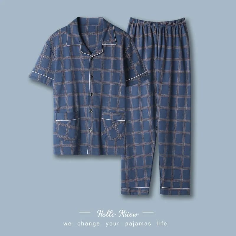 Top e pantaloni con bottoni in cotone 100% Pigiama taglie forti da uomo Pigiama Casual Semplice Moda Indumenti da notte per giovani Homewear Set da 2 pezzi