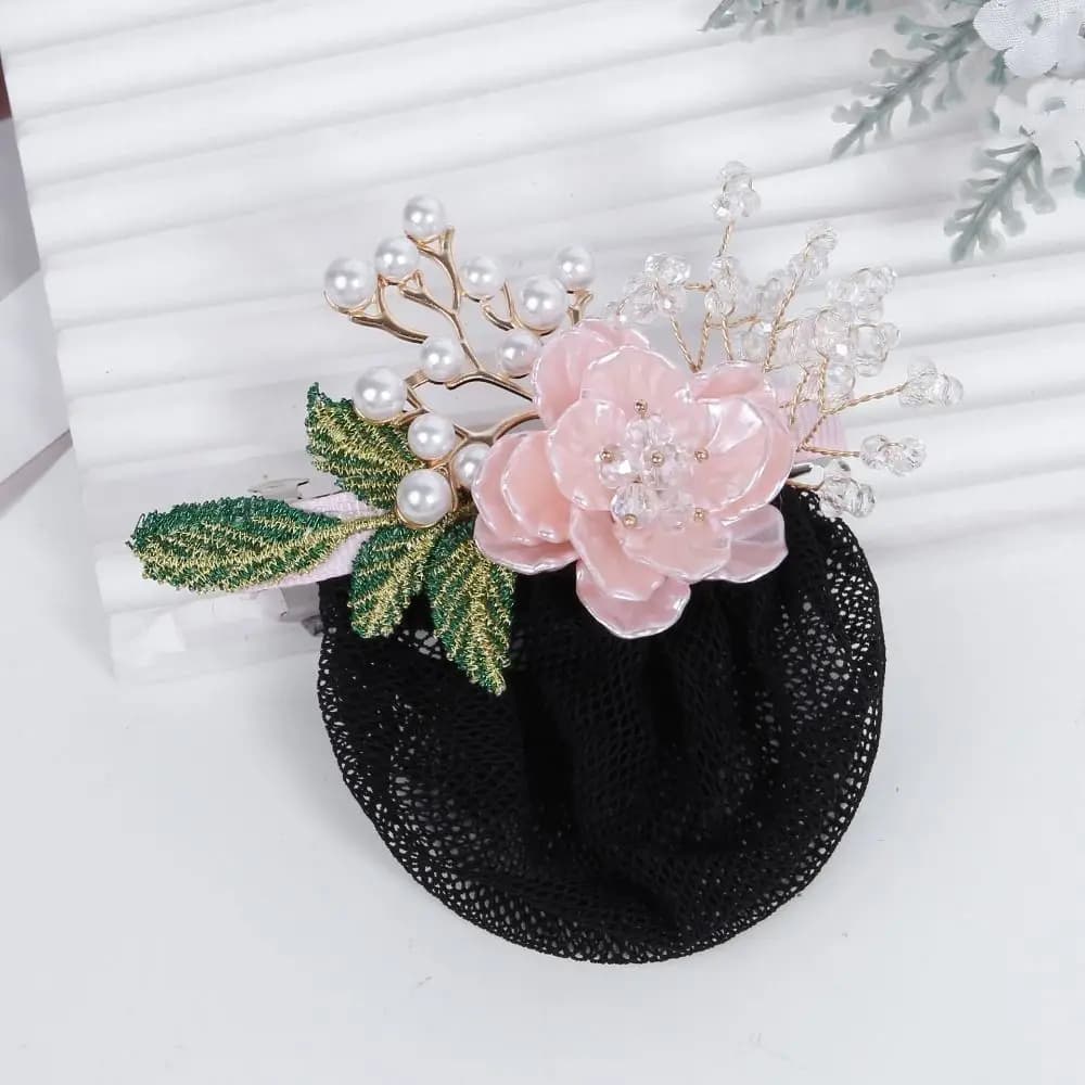 Korean Style Flower Snood Spring Clip Hairgrips Cover Net Ponytail Clip Pearls Crochet Bun Net Hair Clip Hair Accessories