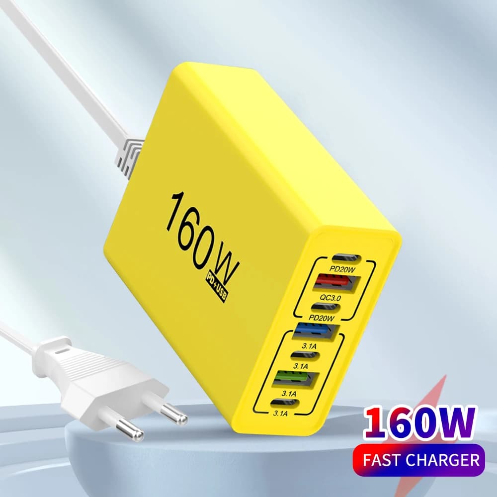 160W Multiport USB Charger with C Type Quick Charging Power Adapter for iPhone, Samsung, Xiaomi, Huawei, Honor, Mobile Adapter