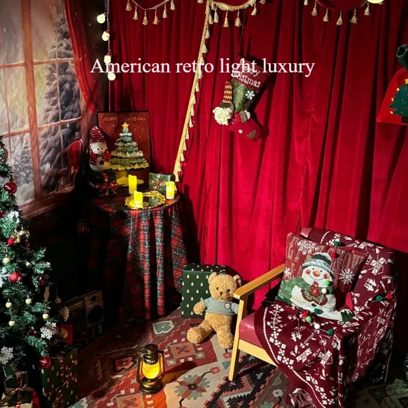American retro light luxury simple pure red Christmas silk velvet curtains warm cozy Christmas atmosphere bedroom living curtain
