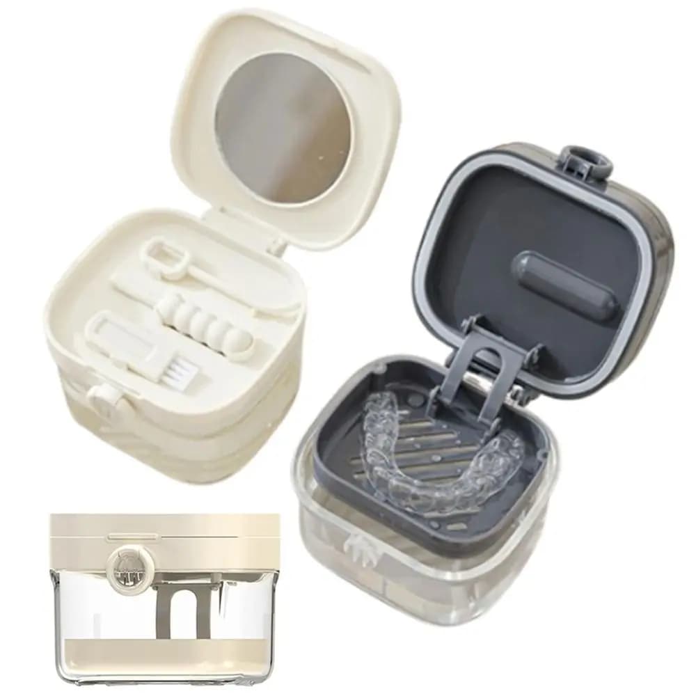 Transparent Double Layer Braces Storage Box Universal Sealed Denture Soaking Cleaning Box Simple with Brush&Mirror