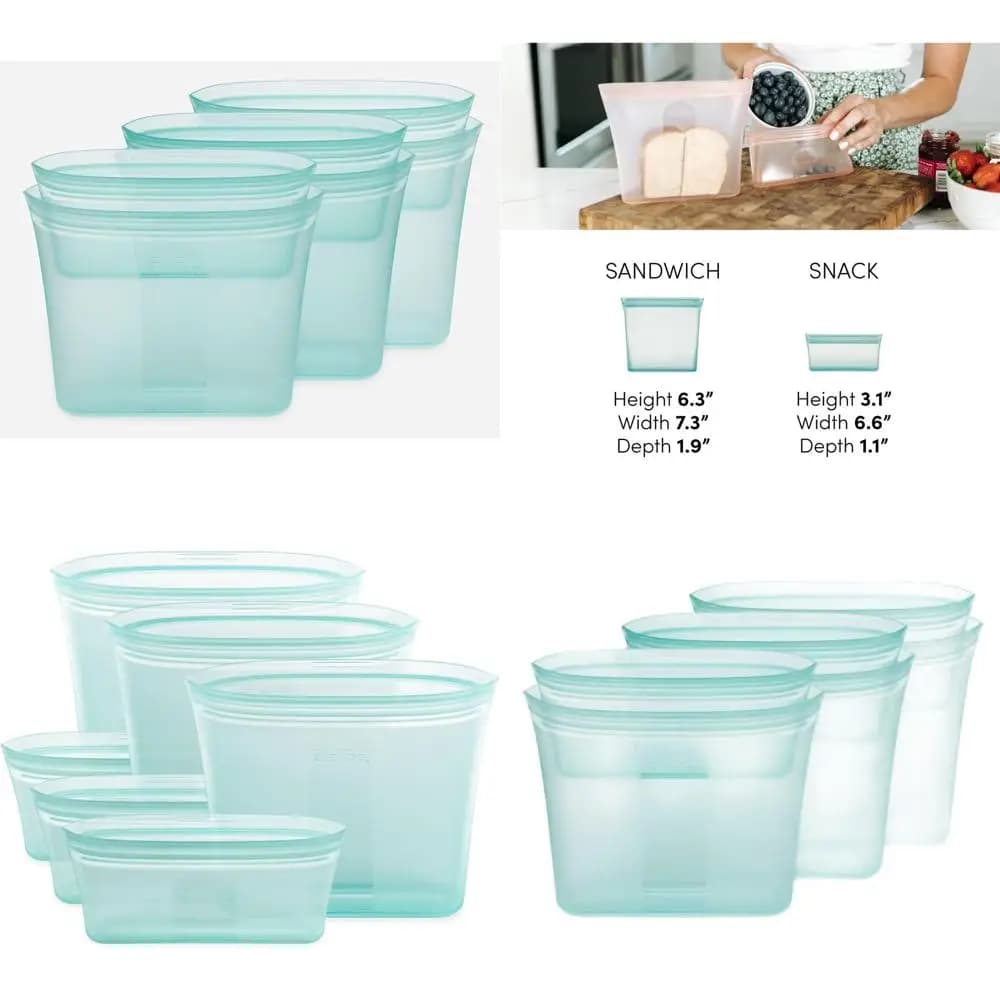 Set di 3 Sacchetti Riutilizzabili per Conservazione Alimenti | Teal - 3 sandwich, 3 snack | Contenitori in Silicone per Preparazione Pasti | Adatto per microonde e lavastoviglie