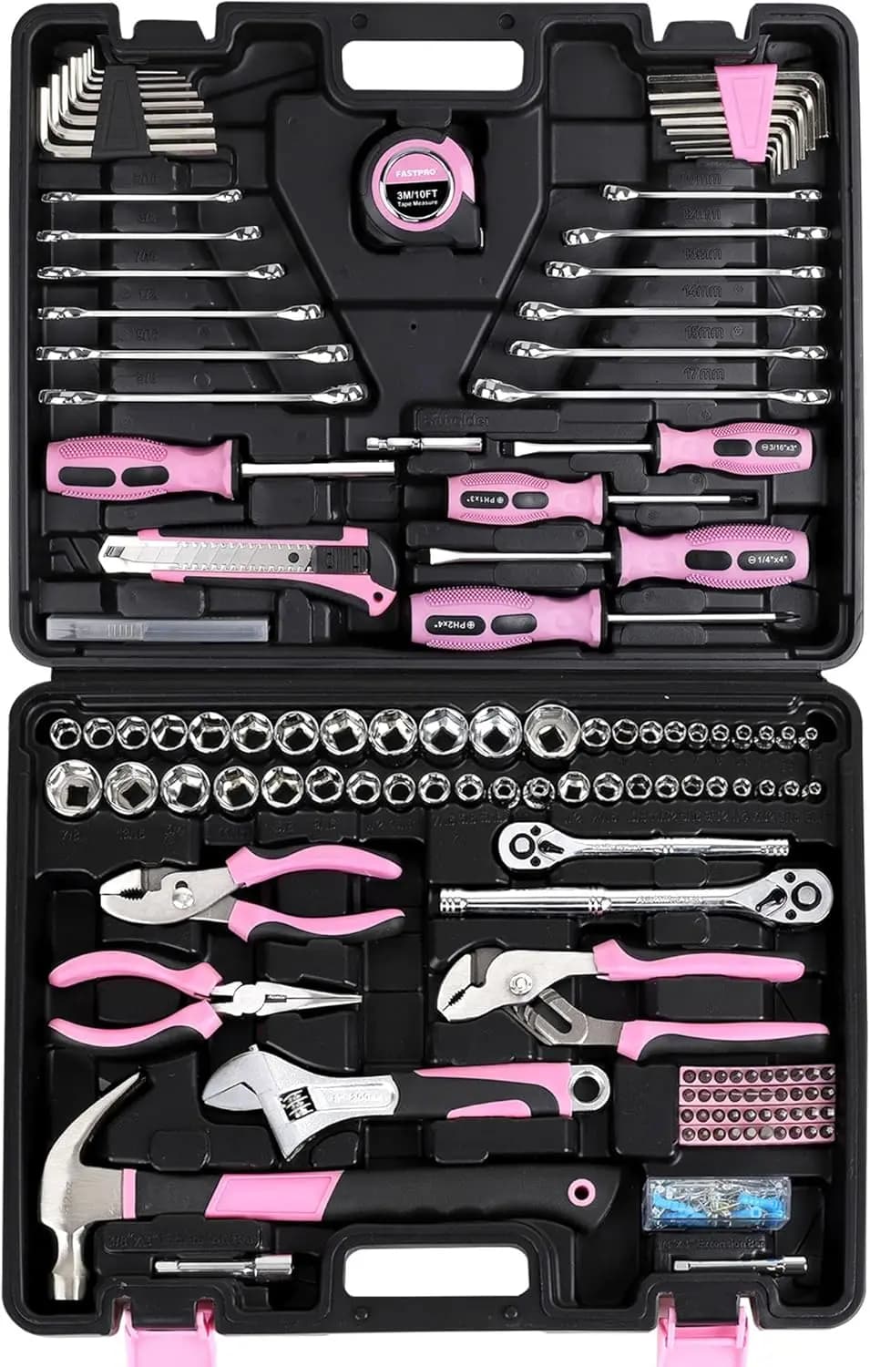 Set di Attrezzi Rosa da 225 Pezzi, Kit di Utensili Manuali SAE e Metrici con Cassetta degli Attrezzi per Casa e Riparazione Auto