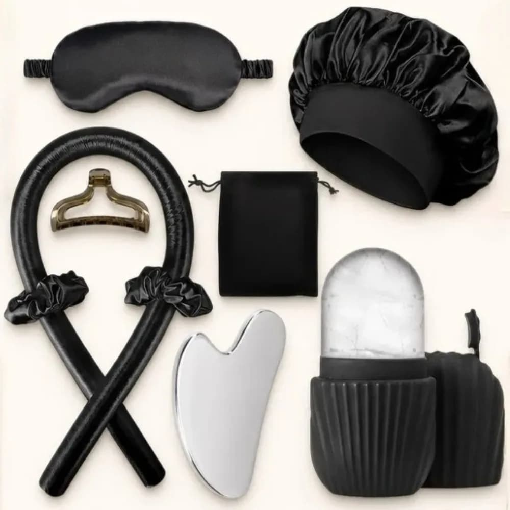 Set da Notte in Seta da 3/4/5/9 Pezzi: Maschera per Occhi, Cuffia in Raso, Cuscino in Memory Foam, Gua Sha, Rullo Massaggiante Viso, Accessori Regalo Donna