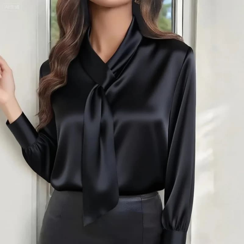 Women Long Sleeve V Neck Tie Neck Blouse Elegant Office Lady Shirt Fashion Spring Autumn Top