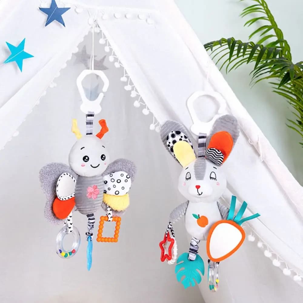 Sonaglio Montessori in cotone PP con animali dei cartoni animati (coniglio, pinguino) per neonati, con campanello, per la prima educazione, 0-12 mesi