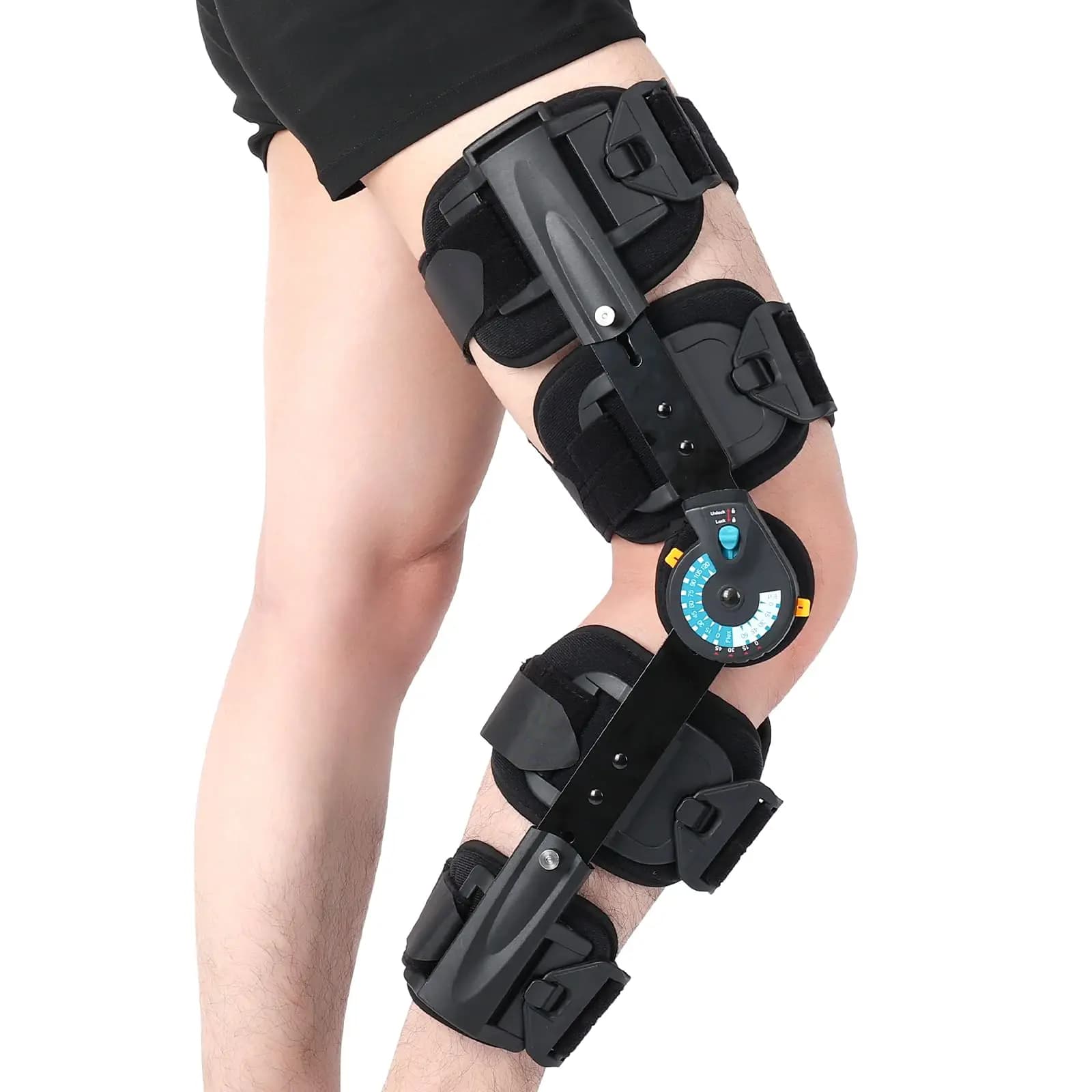 Ginocchiera ROM incernierata 1PC con stabilizzatore laterale regolabile Post Op Supporto per ginocchio Ortesi gamba Immobilizzatore per infortuni ACL, PCL, MCL