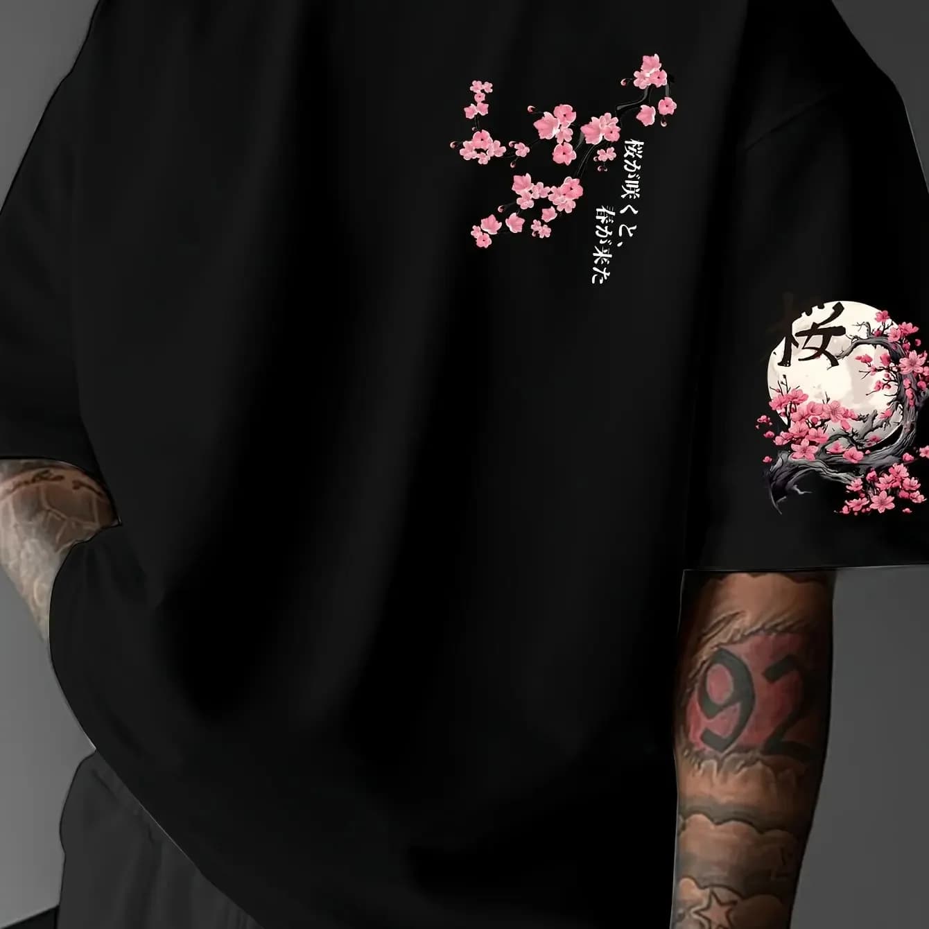 Japanese-style Aesthetic Men's T-shirt with Snake and Cherry Blossom Pattern Comfortable 100% Pure Cotton Summer Casual Shirt