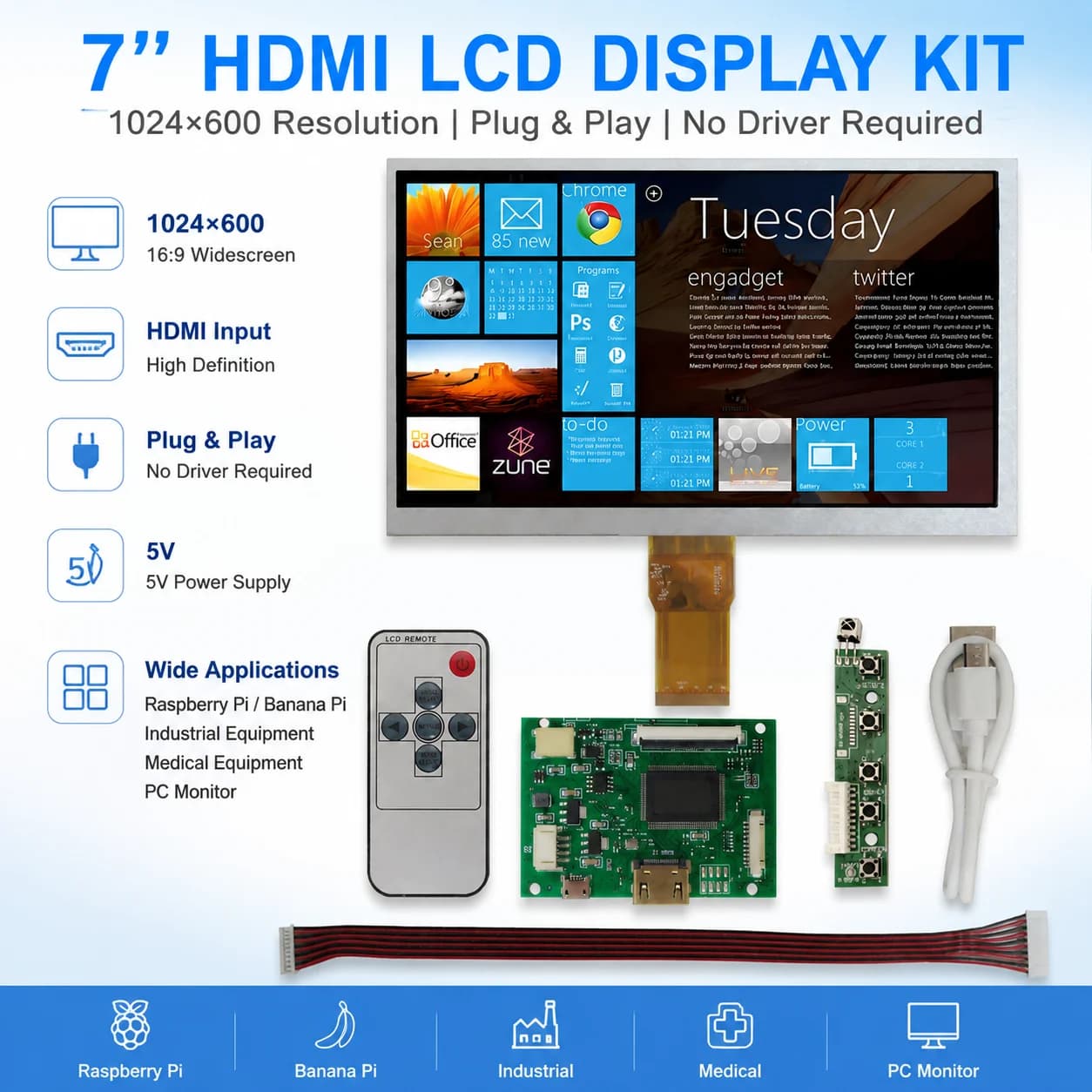 Schermo LCD HD da 7 pollici 1024*600, monitor ad alta risoluzione, scheda di controllo compatibile HDMI per Raspberry Pi Banana Pi